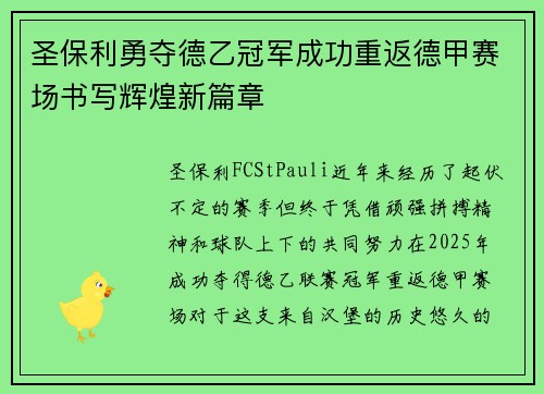 圣保利勇夺德乙冠军成功重返德甲赛场书写辉煌新篇章