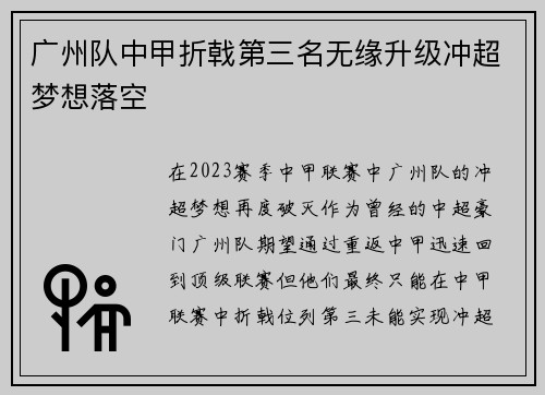 广州队中甲折戟第三名无缘升级冲超梦想落空