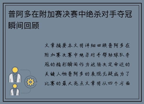 普阿多在附加赛决赛中绝杀对手夺冠瞬间回顾